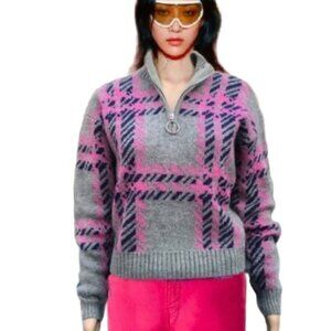 AQUA Pink Grey Plaid Pullover Sweater Quarter Zip Size XS Excellent Condition